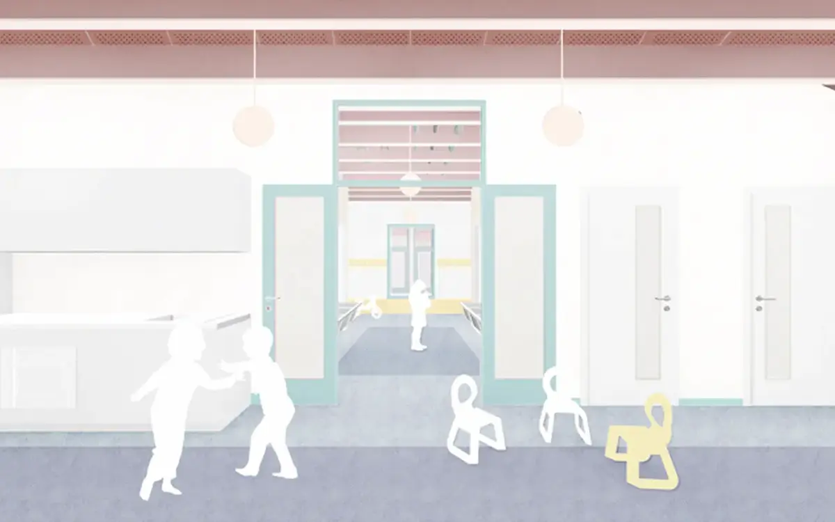 Innenperspektive eines Kindergartens mit spielenden Kindern, pastellfarbener Gestaltung in Rosa und Türkis, offenen Türen und Kugelleuchten