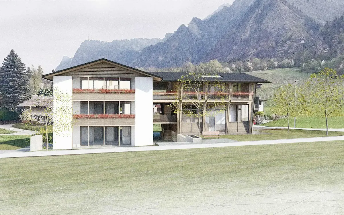 Visualisierung eines Mehrfamilienhauses am Oberaagweg in Trimmis mit weisser Fassade, Holzanbau und Bergpanorama im Hintergrund