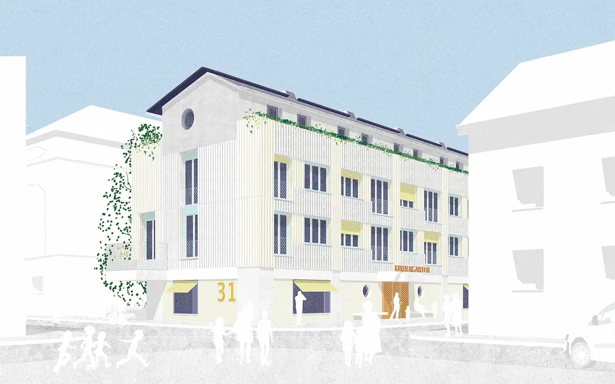 Visualisierung eines Pilotprojekts am Schliengerweg in Basel, mehrstöckiges Gebäude mit vertikaler Holzlattenfassade, Kindergarten im Erdgeschoss und begrüntem Dach