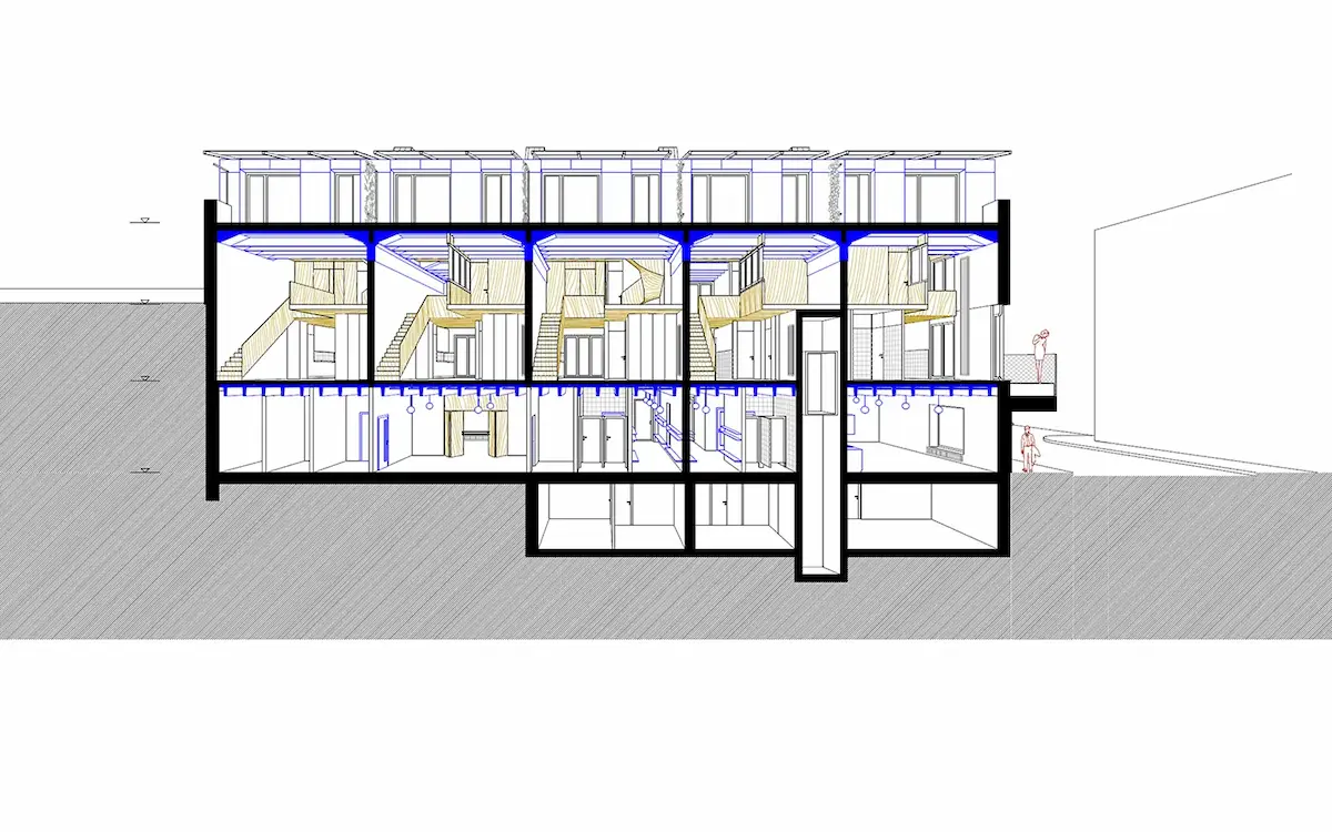 Architektonische Längsschnitt-Perspektive eines Mehrfamilienhauses mit drei Geschossen, sichtbarer Holzkonstruktion, Treppenhäusern und blau hervorgehobenen Deckenebenen